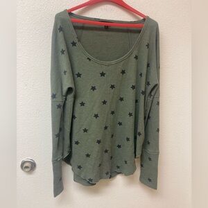 LUCKY BRAND Army Green Waffle Ling Sleeved Star Shirt (M)